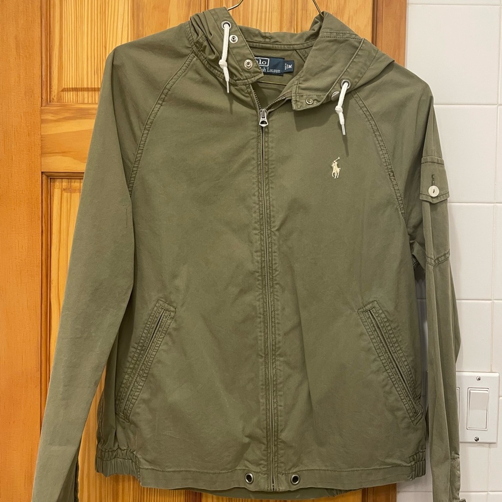 Polo Ralph Lauren Olive Green Hooded Zip Light Weight Jacket, Size Medium
